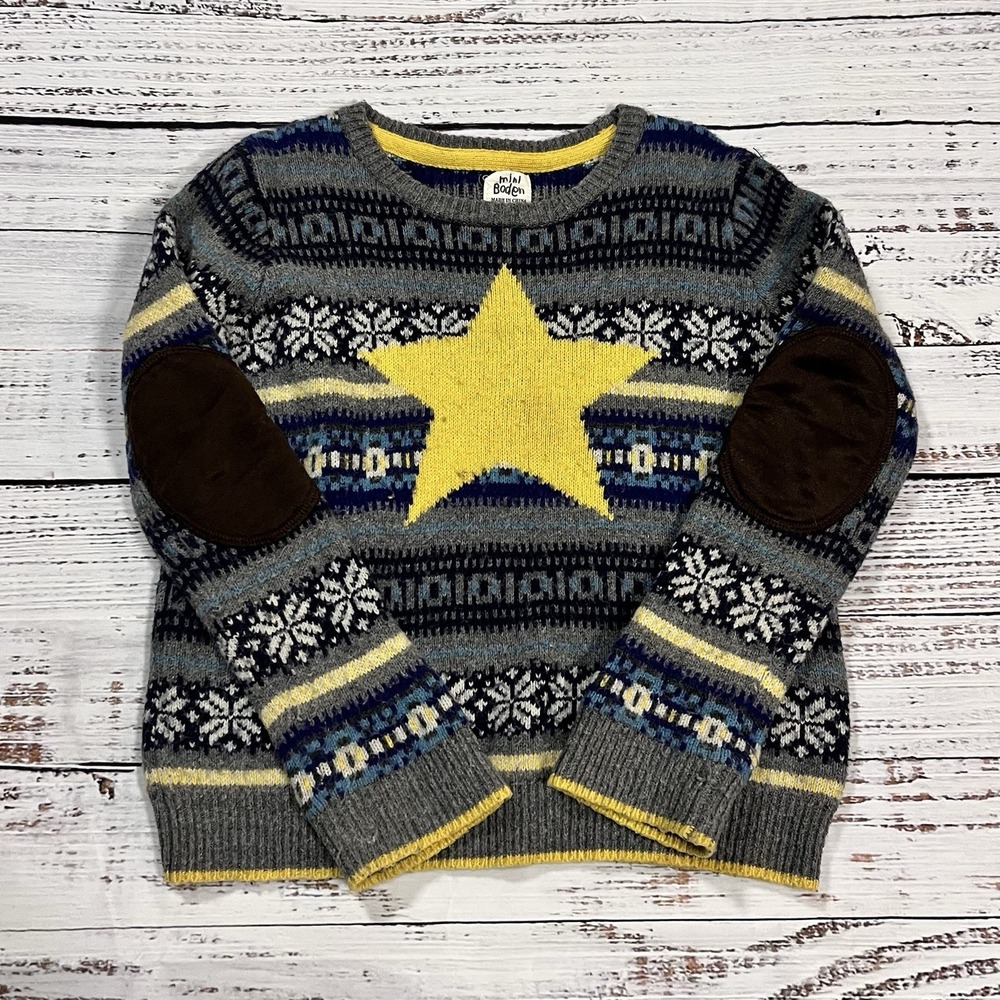 Mini Boden Boys Fair Isle Star Sweater Elbow Patches Size 5-6 Years Kids